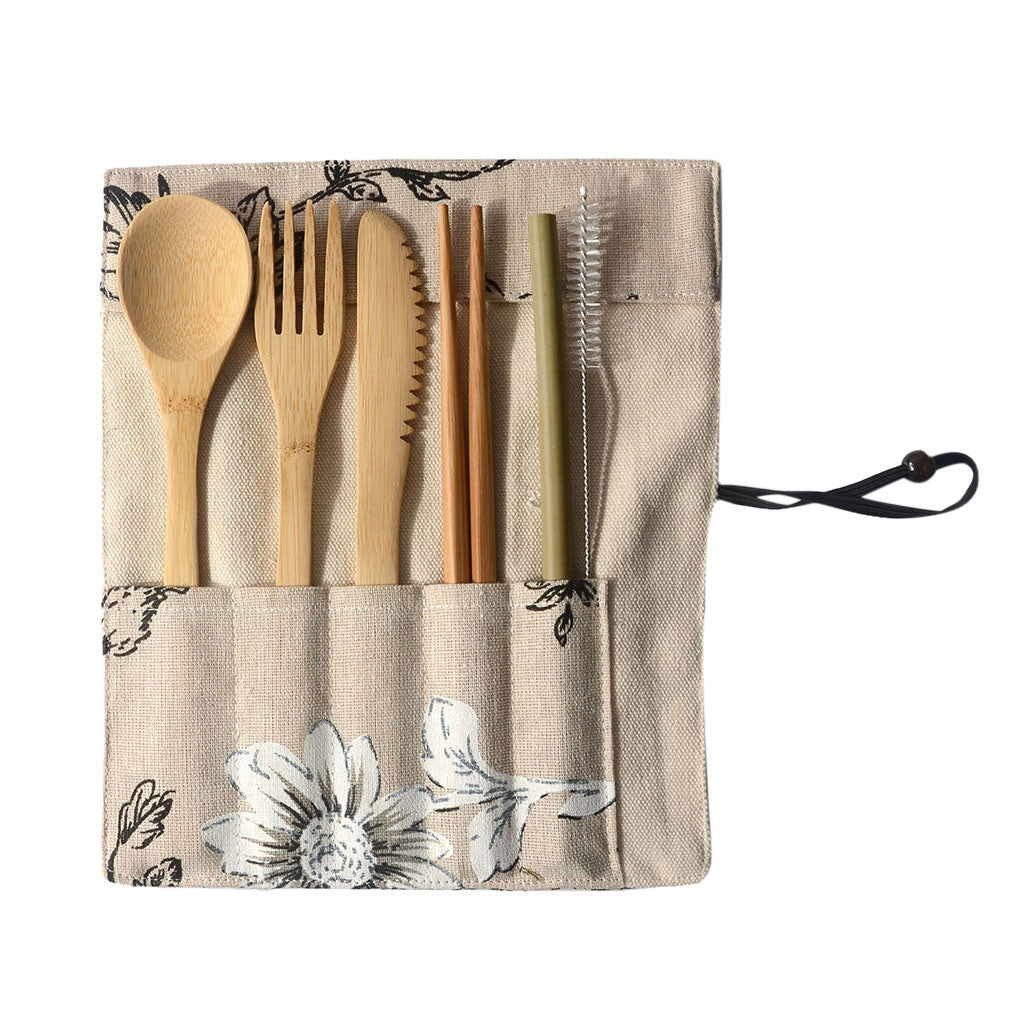 Reusable Bamboo Utensils in Travel Pouch - Floral