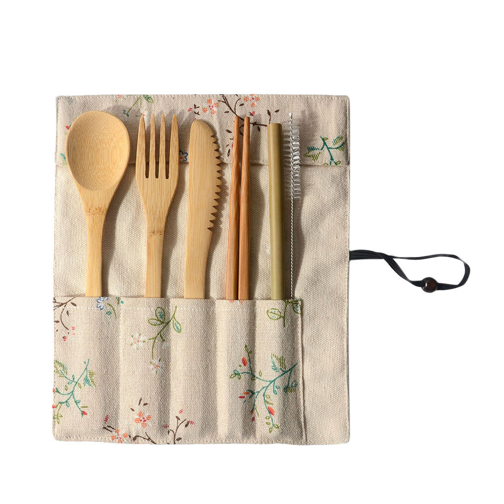 Reusable Bamboo Utensils in Travel Pouch - Floral