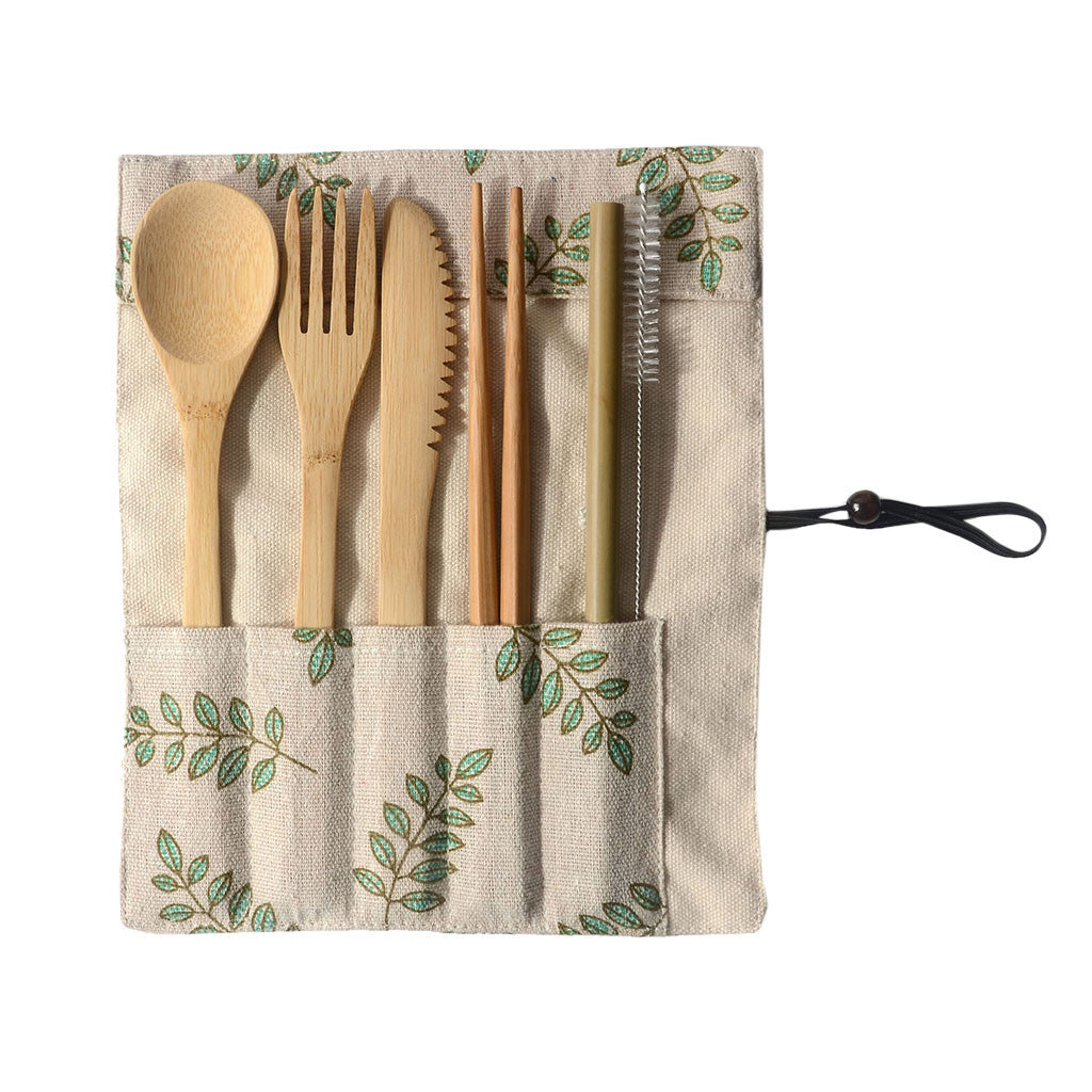 Reusable Bamboo Utensils in Travel Pouch - Floral